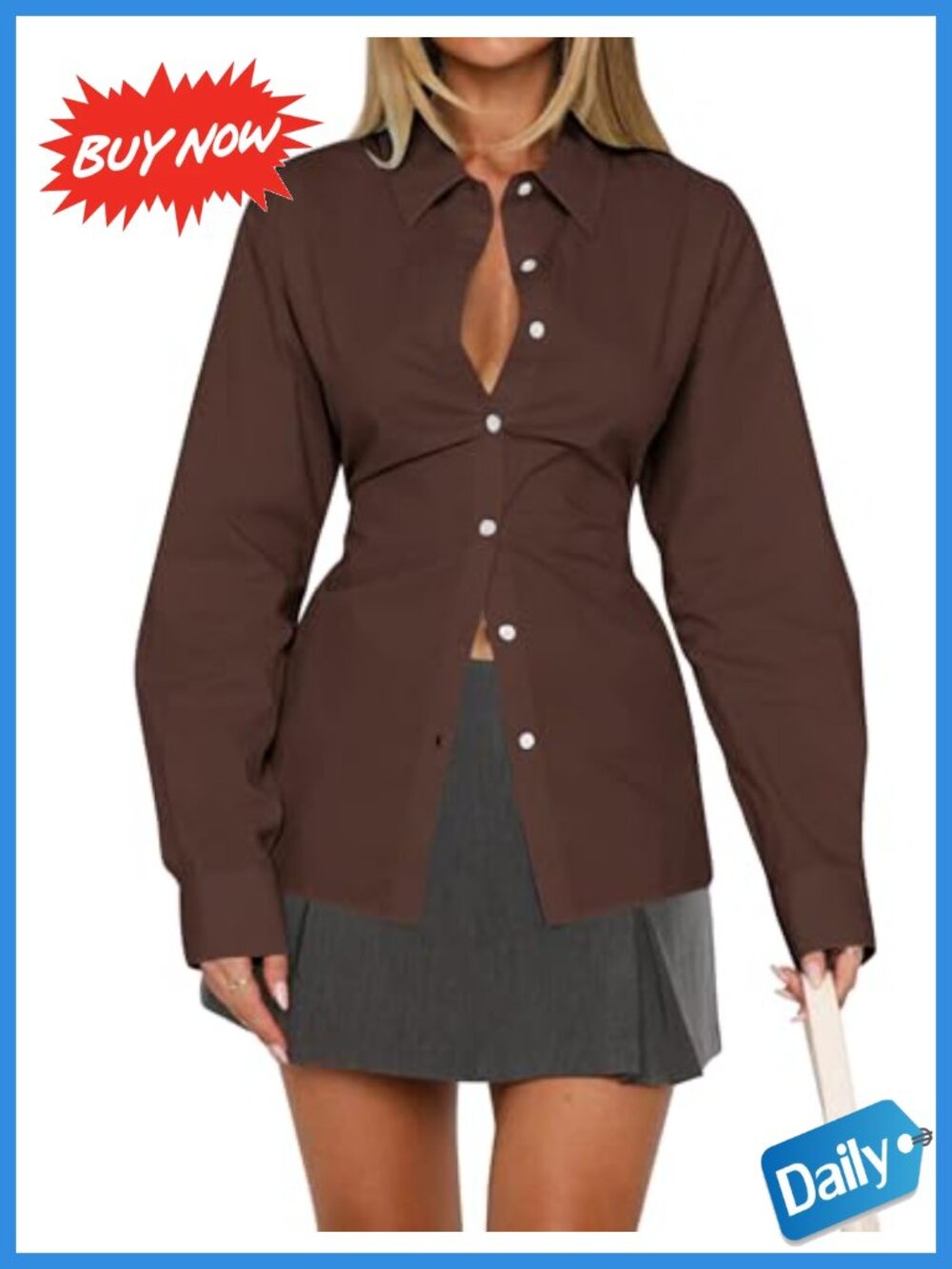 Women's 100% Cotton Button Down Tunic Blouse Cinch Waist Long Sleeve